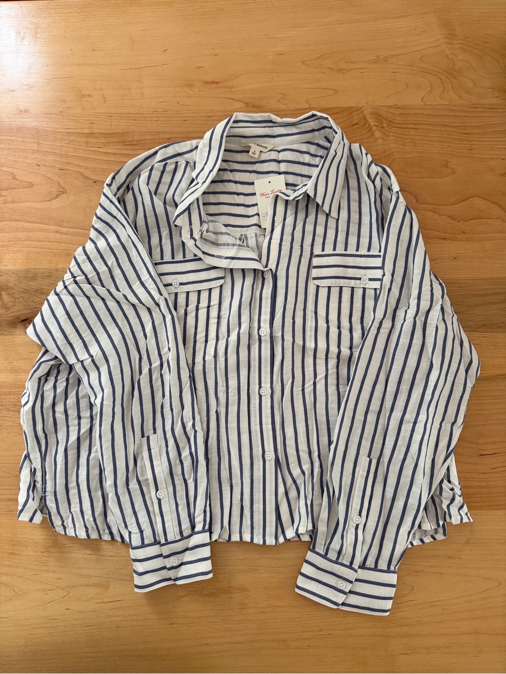 Lucky Brand White Button-Down Shirt with Navy Stripes